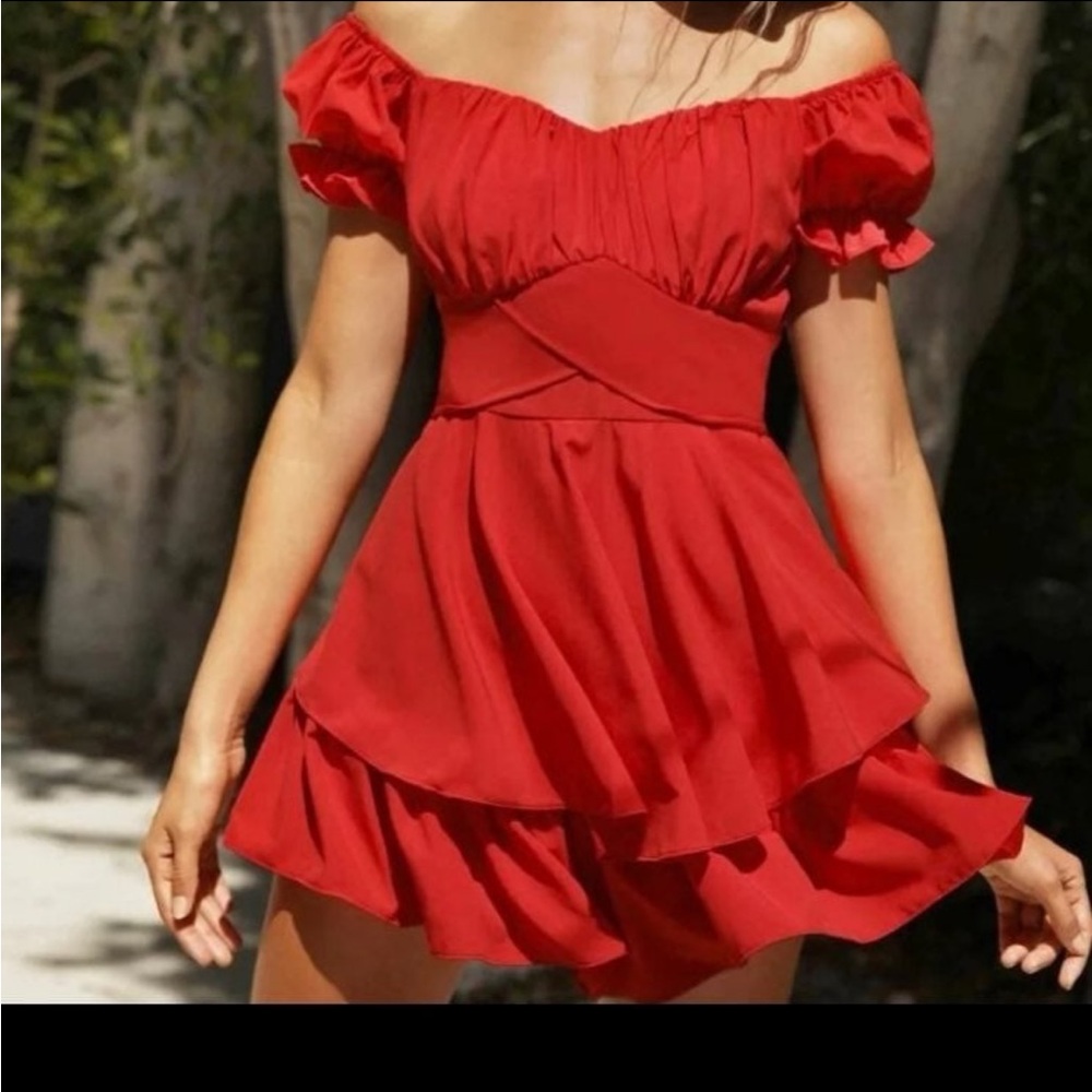 Elegant Red Off-Shoulder Romper Dress